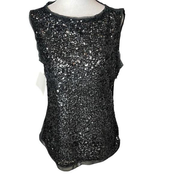 Karen Millen Black Sequin Sleeveless Top Sheer Back Embroidered Polkadots Sz 8 - Picture 1 of 11